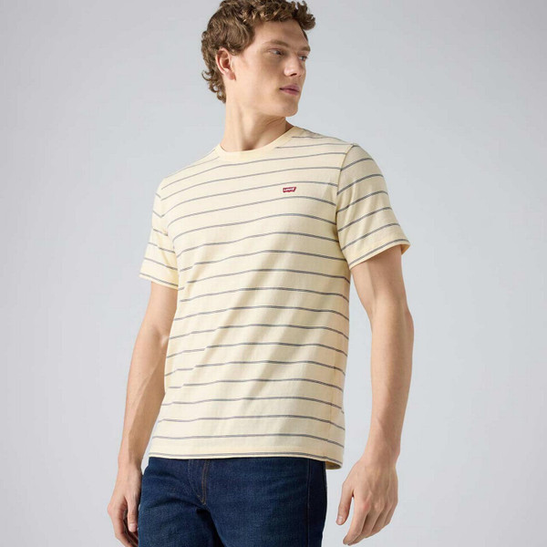 Man Wearing Levi's Men's Retro Housemark Taper Stripe Crew Neck T-shirt in Lemon - Side View