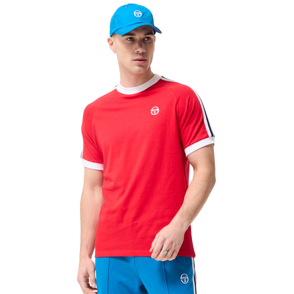 Man wearing Sergio Tacchini Mens Pino Sleeve Stripe Ringer Neck T-Shirt in Adrenaline Red and White
