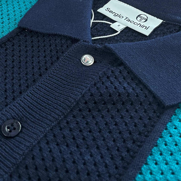 Sergio Tacchini Montell Retro Perforated Stripe Panel Button Through Knit Polo Shirt in Maritime Blue - Collar Detail
