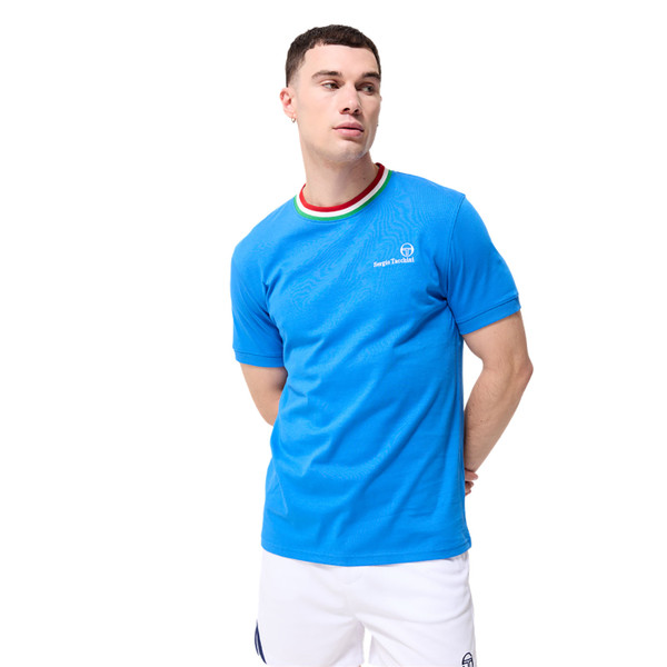 Man wearing Sergio Tacchini Mens Rainer FC Archivio 80s Tipped T-shirt in Strong Blue