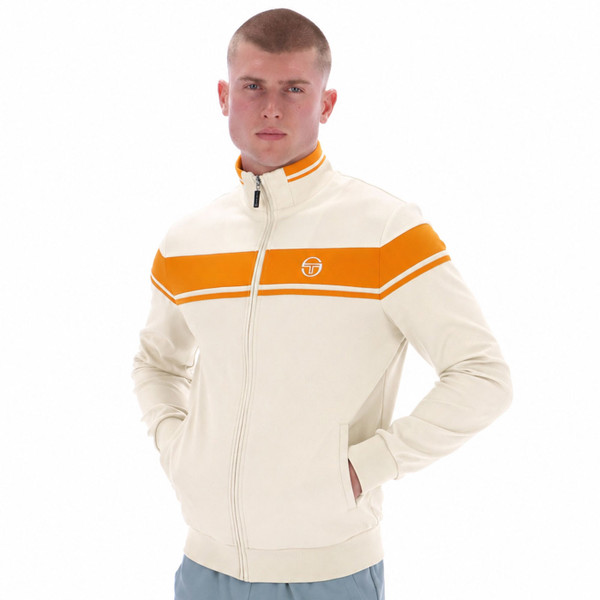 Man wearing Sergio Tacchini Damarindo 80s Stripe Track Top in Sandshell and Orange
