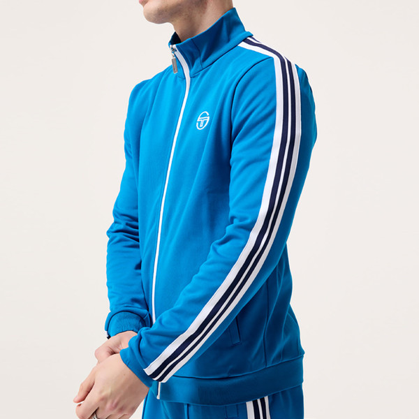 Taped sleeves on Sergio Tacchini Mens Franco Arm Stripe Zip Track Top Jacket in Blue