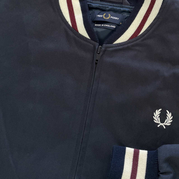 Collar Detail on the Fred Perry Men's Mod Made in England Tennis Bomber Jacket in Navy