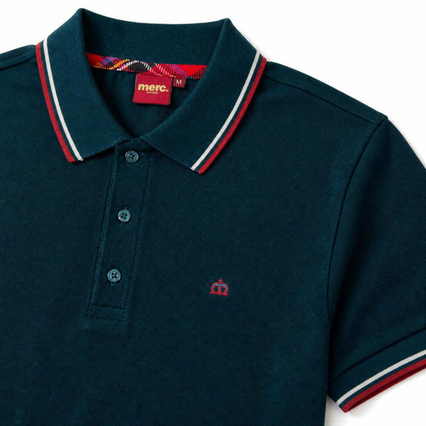 Collar Detail on the Merc Card Men's Mod Tipped Pique Polo Shirt in Teal