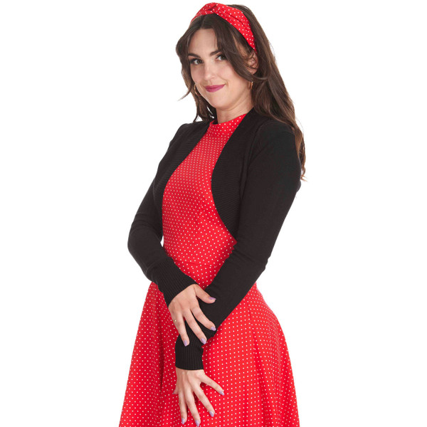 Woman wearing Banned Retro Betty 50s Bolero Cardigan in Black