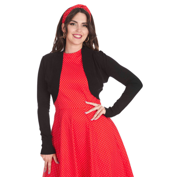 Woman wearing Banned Retro Betty 50s Bolero Cardigan in Black