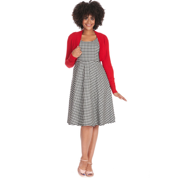 Woman wearing Banned Retro Betty 50s Knitted Bolero Cardigan in Red