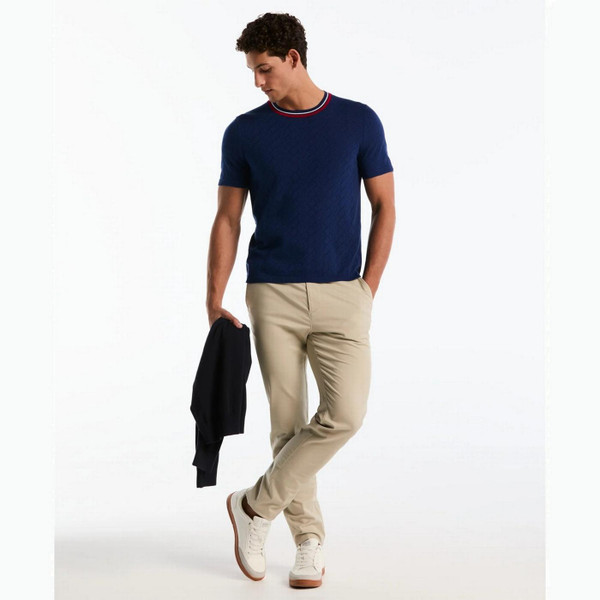 Original Penguin Men's Mod Geometric Eyelet Knit Tipped Sweater T-shirt in Blue Depths - Model View