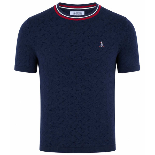 Original Penguin Men's Mod Geometric Eyelet Knit Tipped Sweater T-shirt in Blue Depths