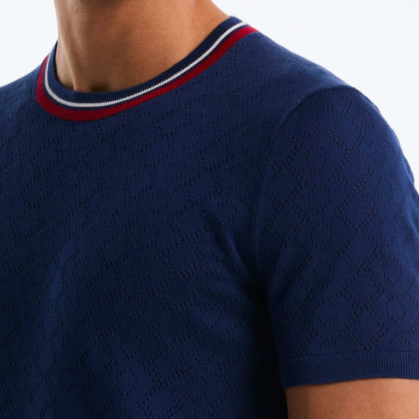 Original Penguin Men's Mod Geometric Eyelet Knit Tipped Sweater T-shirt in Blue Depths - Model Collar Close Up