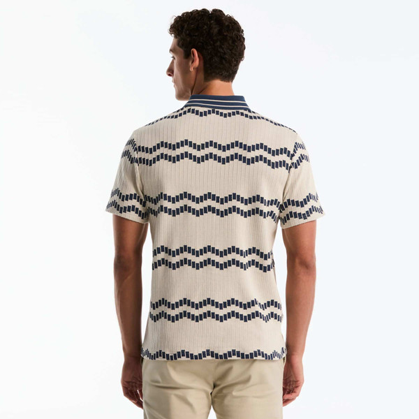 Model Wearing Original Penguin Jacquard Wavy Tiles Polo Shirt in Birch - Back Image