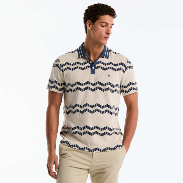 Model Wearing Original Penguin Jacquard Wavy Tiles Polo Shirt in Birch - Front Facing