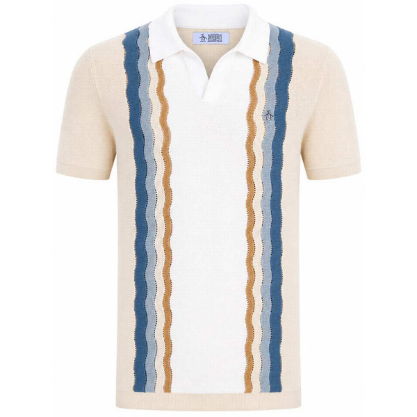 Original Penguin Men's Retro 70s Mesh Stripe Knitted Johnny Collar Polo Shirt in Birch