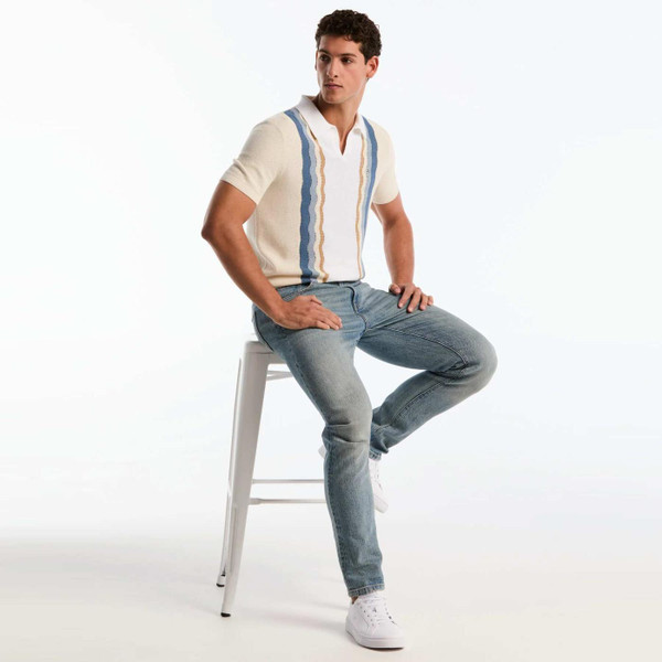 Original Penguin Men's Retro 70s Mesh Stripe Knitted Johnny Collar Polo Shirt in Birch - Lifestyle Image
