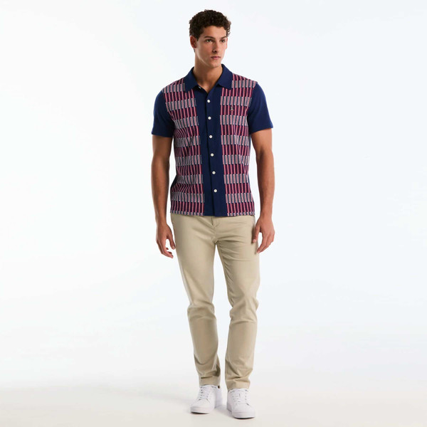 Original Penguin Jacquard Button Front Polo Shirt In Blue Depths - Model Full Length Shot