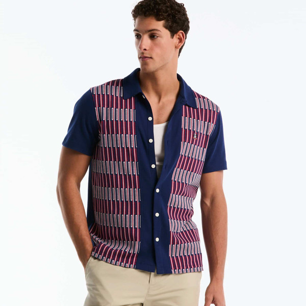 Original Penguin Jacquard Button Front Polo Shirt In Blue Depths - Model Shirt Open Over Tee