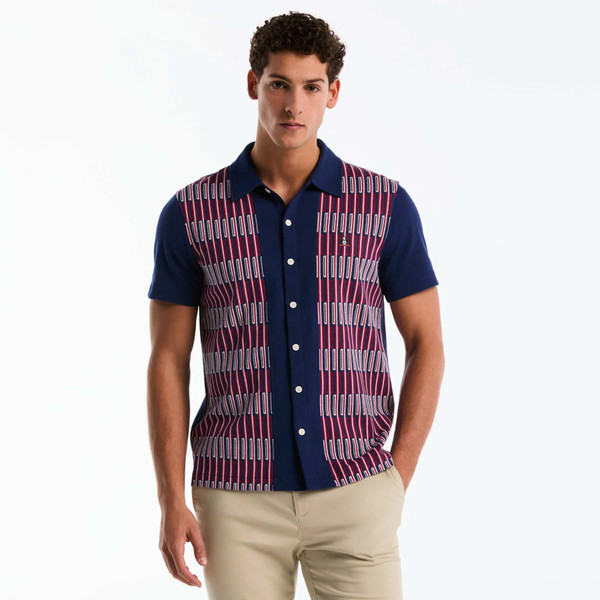 Original Penguin Jacquard Button Front Polo Shirt In Blue Depths - Model Front Facing