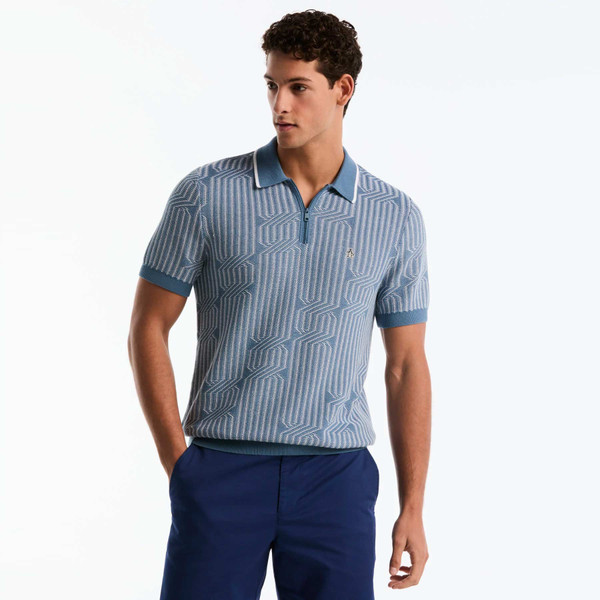 Original Penguin Geo Cable Quarter Zip Sweater Polo In Bright White - Model Front Facing