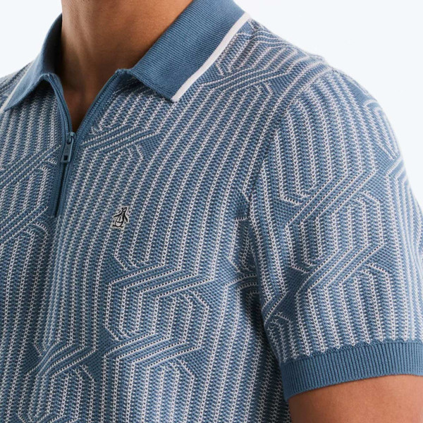 Original Penguin Geo Cable Quarter Zip Sweater Polo In Bright White - Model Chest And Collar