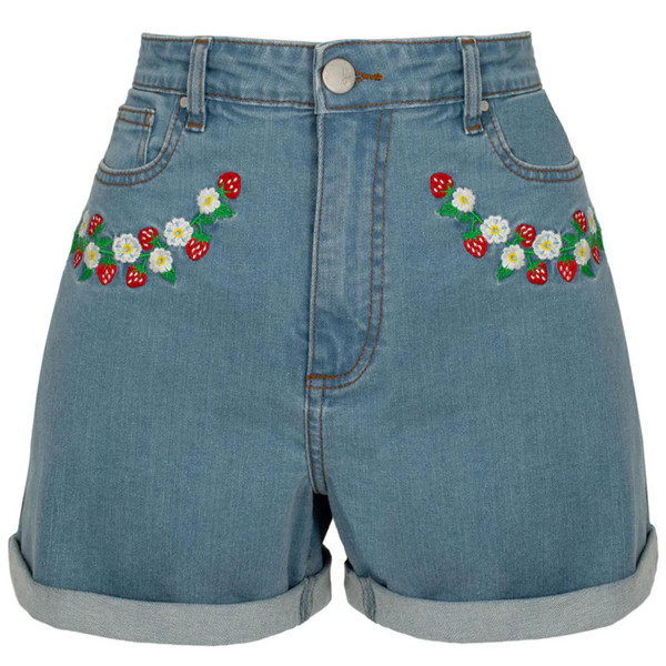 Hell Bunny Francoise Strawbetter Embroidered Denim Shorts 