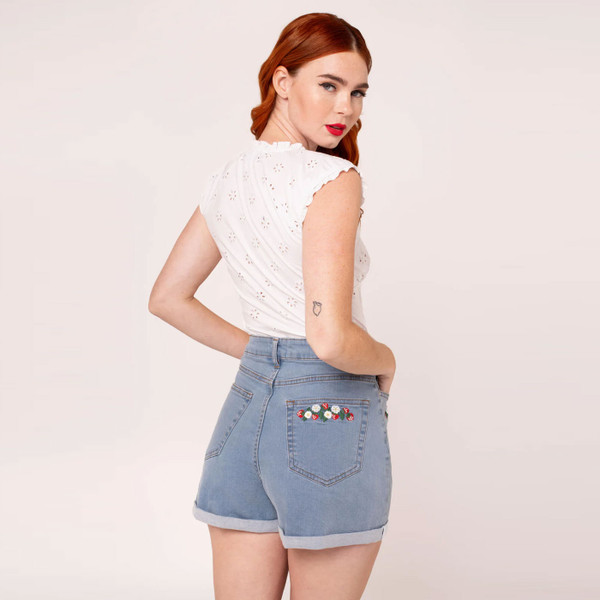 Back of Hell Bunny Francoise Strawbetter Embroidered Denim Shorts
