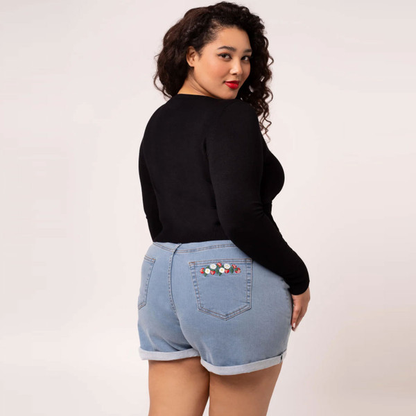 Back of Hell Bunny Francoise Strawbetter Embroidered Denim Shorts