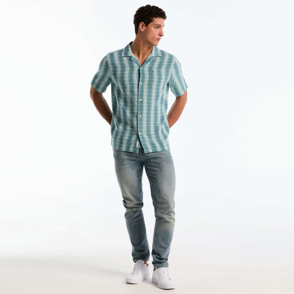 Original Penguin Vertical Pattern Short Sleeve Linen Blend Shirt in Copen Blue - Model Full Length Shot