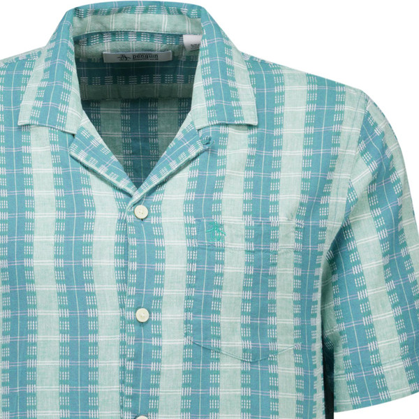 Original Penguin Mens Vertical Pattern Short Sleeve Linen Blend Shirt in Copen Blue