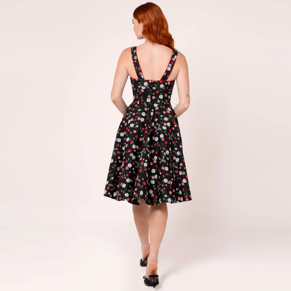 Back of Hell Bunny Isobel Strawberry Retro Summer Dress in Black