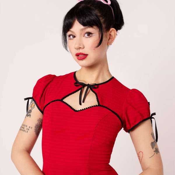 Neckline on Hell Bunny Casey 50s Vintage Bolero Dress in Red