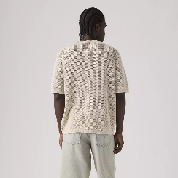 Model Wearing the Levi's Stinson Chainmaille Open Gauge Knit Textured Men's Retro T-shirt in Pumice Stone Back View