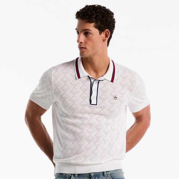 Model Wearing Original Penguin Men's Geometric Eyelet Sweater Polo in Bright White Front Facing