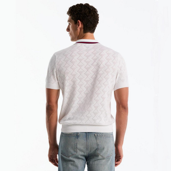 Model Wearing Original Penguin Men's Geometric Eyelet Sweater Polo in Bright White Back View