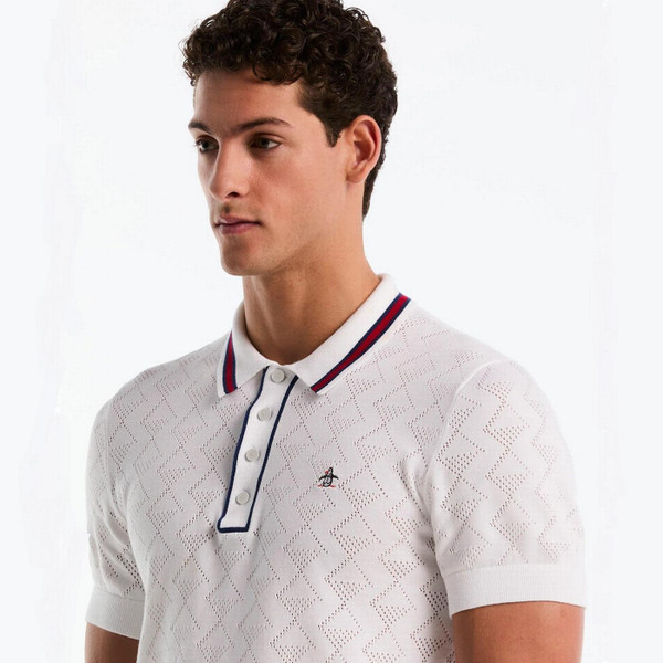 Model Wearing Original Penguin Men's Geometric Eyelet Sweater Polo in Bright White Chest and Collar Close-Up