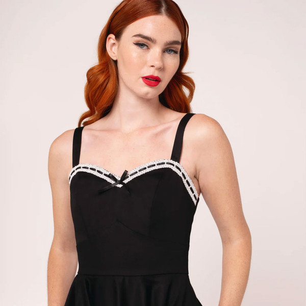 Neckline and shoulder straps on Hell Buunny Gracie Retro 50s Flared Midi Dress in Black