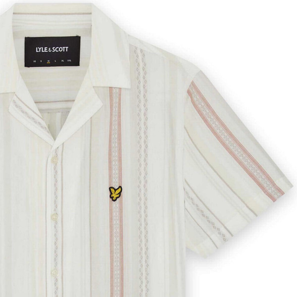Sleeve Detail on the Lyle And Scott Men's Retro 70s Zig-Zag Stripe Resort Collar Shirt in Natural