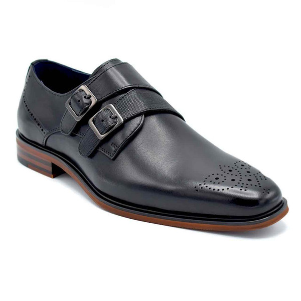 Paolo Vandini Teddington Double Monk Strap Leather Square Toe Brogue Shoes in Black