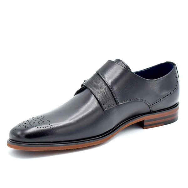 Paolo Vandini Teddington Double Monk Strap Leather Square Toe Brogue Shoes in Black - Lateral Side View