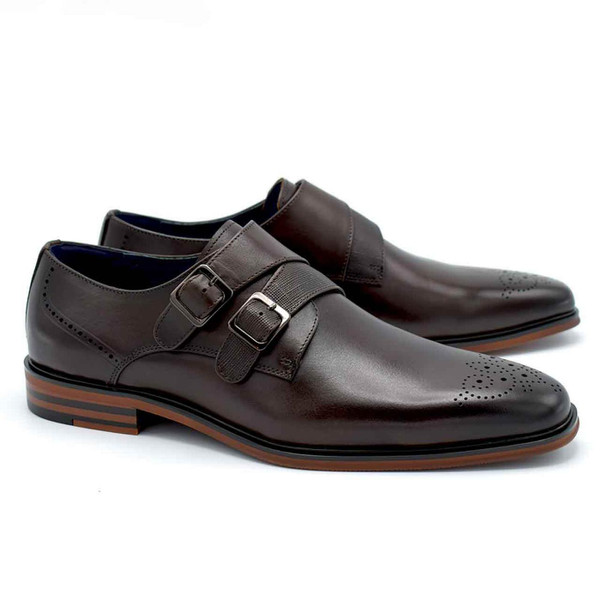 Paolo Vandini Teddington Double Monk Strap Leather Square Toe Brogue Shoes in Coffee Brown - Both Shoes Together