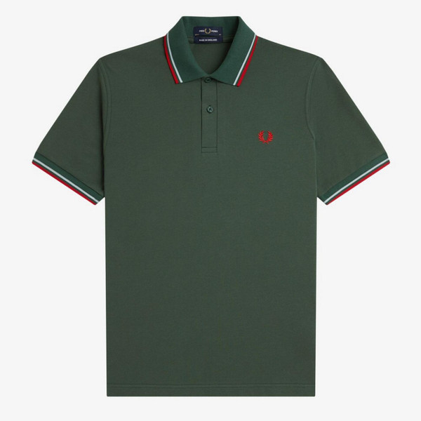 Fred Perry M12 Made In England Twin Tipped Polo in Tartan Green - Front Image Flat Main
