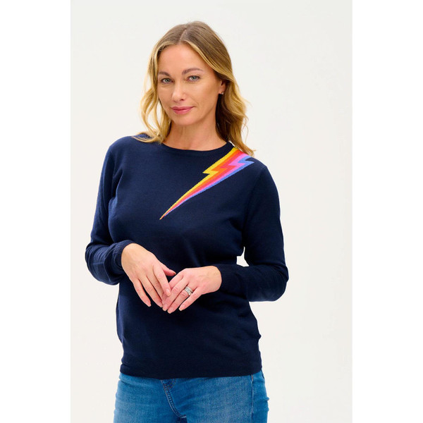 Sugarhill Brighton Velma Sunset Lightning Bolt Knitted Jumper in Navy and Rainbow