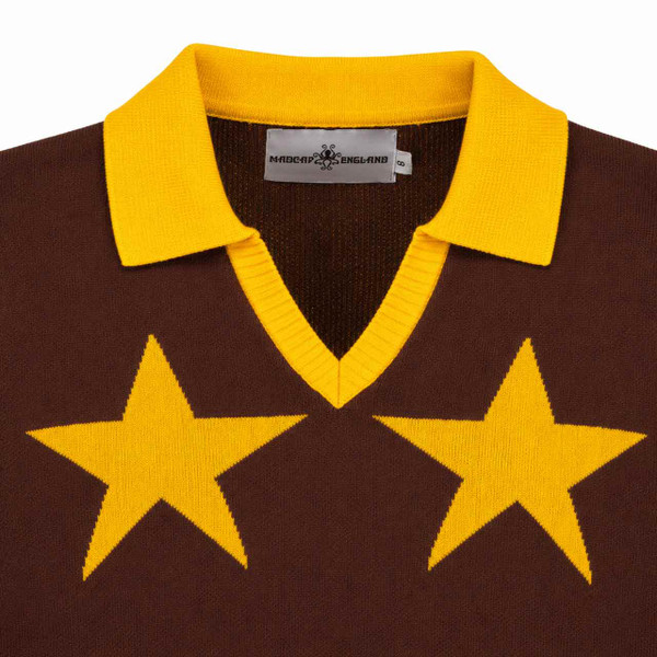 Collar on the Madcap England KTF Three Star Northern Soul Skipper Neck Knitted Dress in Potting Soil