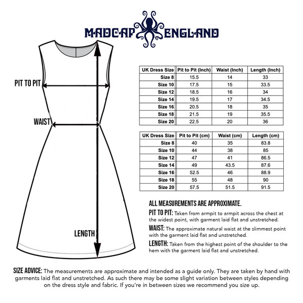 Size guide for Madcap England Polly 1960s Mod Stripe Front Mini Dress in Navy