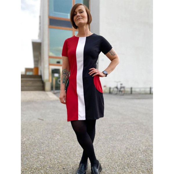 Madcap England Taste Of Honey 1960s Mod Circle Pocket Mini Dress in Black/White/Red