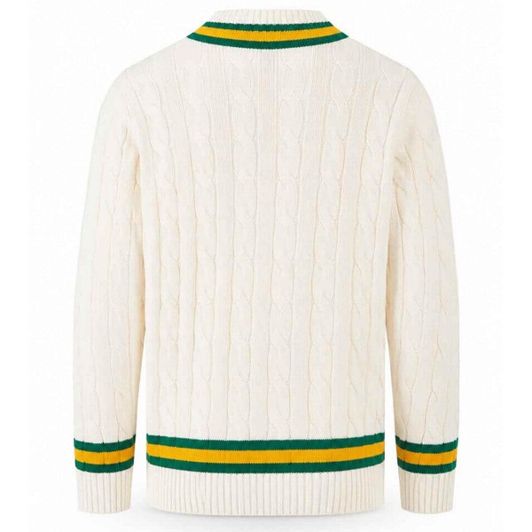 Madcap England Arthur Men's Retro Tipped V-neck Cable Knit Cricket Jumper in Snow White - Back View
