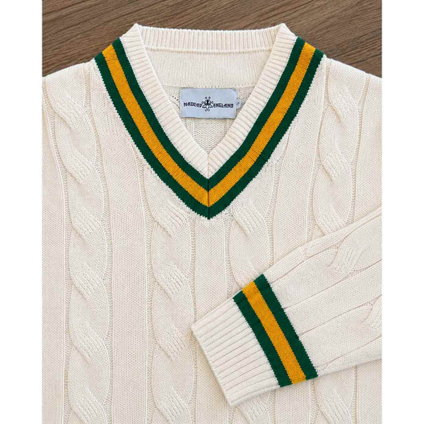 Madcap England Arthur Men's Retro Tipped V-neck Cable Knit Cricket Jumper in Snow White - Flat Shot