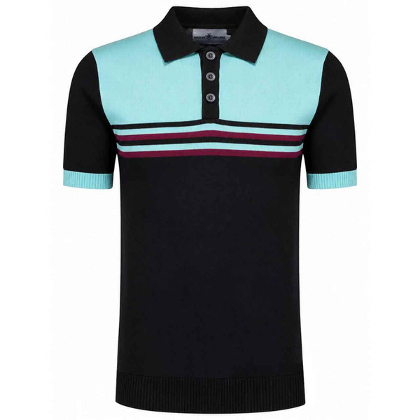 Madcap England Retro Rewind Men's 70s Stripe Knitted Polo Shirt in Black