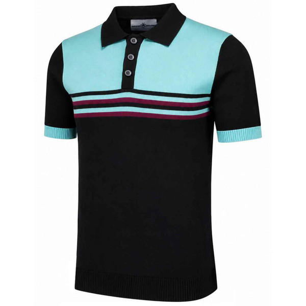 Madcap England Retro Rewind Men's 70s Stripe Knitted Polo Shirt in Black - Side View