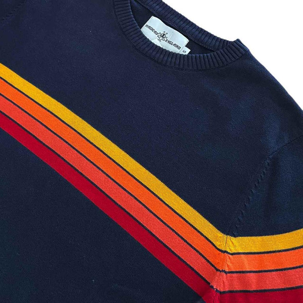 Madcap England Jarvis Retro 90s Gradient Stripe Knitted Jumper in Navy Blazer - Stripe Detail