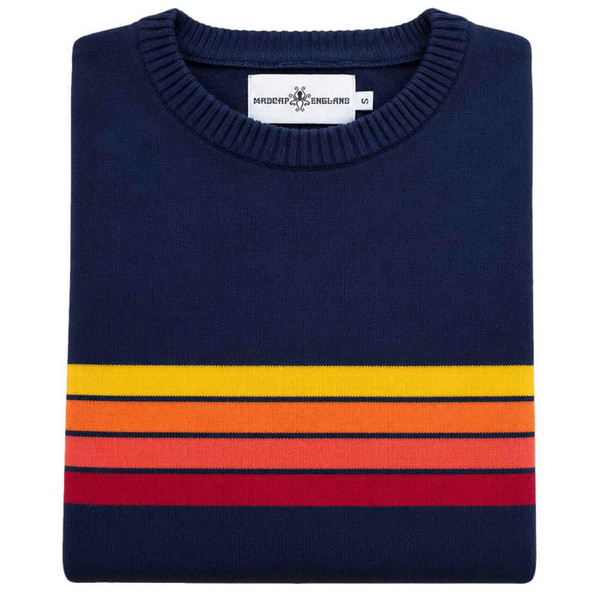 Madcap England Jarvis Retro 90s Gradient Stripe Knitted Jumper in Navy Blazer - Folded View